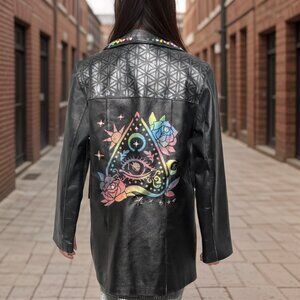 Upcycled Hand-Painted and Studded John Paul Richard Leather Blazer Size 6